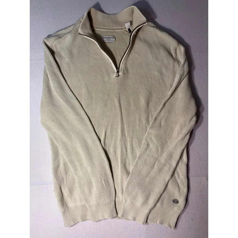 Tommy Bahama Jeans Mens XL Quarter Zip Sweater Cream Ribbed Knit Cotton Pullover